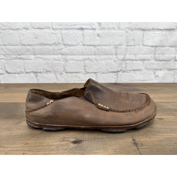 OluKai Moloa Brown Leather Slip On Loafer Collapsable Back Shoes Mens Size 9.5 - Picture 10 of 11